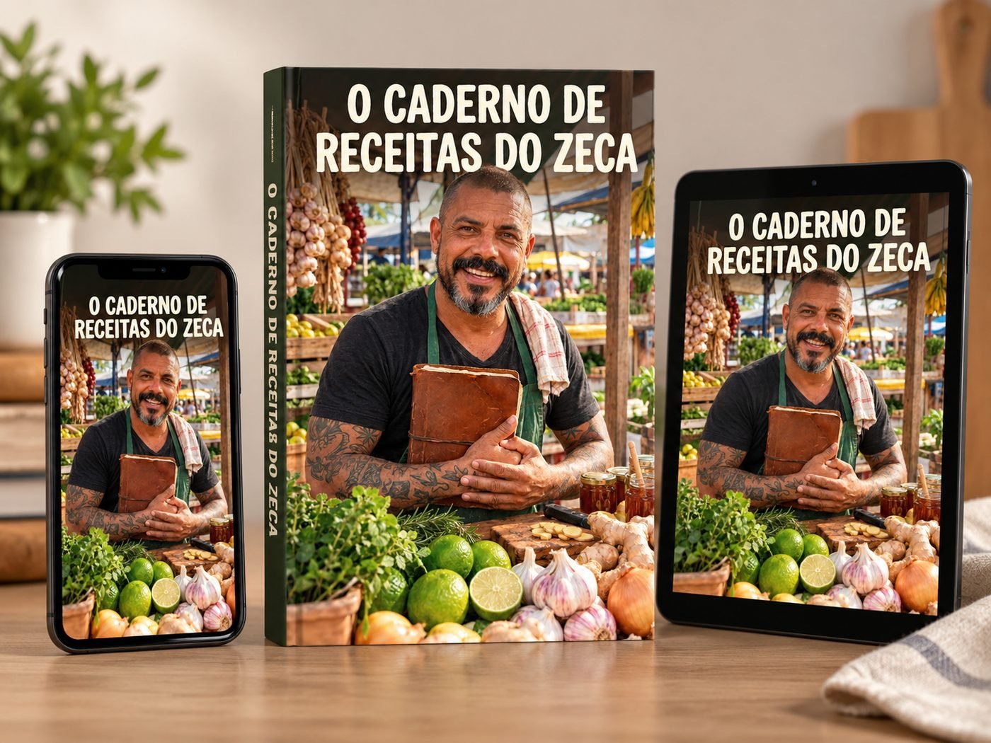 O Caderno de Receitas do Zeca no celular, tablet e capa do livro